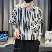 痞帥條紋中袖襯衫男高級感夏季休閒七分袖花襯衫潮牌潮流寬鬆薄款輕奢風男生條紋襯衫（DD2703）【壹號站】