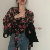 【Carmar】早春複古港風襯衫 玫瑰碎花襯衫 雪紡襯衫 小衆設計御姐風襯衫 長袖上衣 復古風女裝 渡假 個性 大碼女裝