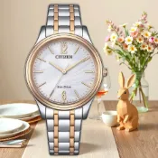 CITIZEN 星辰 光動能大三針時尚女錶-銀x玫瑰金/34mm 手錶(EM0416-78A)
