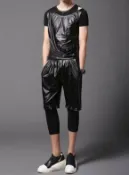 FINDSENSE服飾 FINDSENSE MD 韓國 潮 男 街頭 夜店 髮型師 暗黑 修身 亮面 鉚釘圓孔 短T 上衣 特色短T 短袖T恤