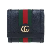 【GUCCI 古馳】719887 經典Ophidia系列GG LOGO織帶皮革飾邊中短夾(黑色)