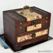 🎀熱銷新品🎀古風收納盒中式印花帶鎖梳妝盒帶鏡木質百寶盒古代首飾盒復古宮廷
