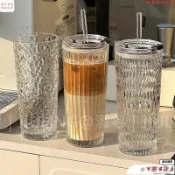 【桃園快速/免運】高顔值玻璃杯冷飲大容量ins帶蓋玻璃吸管杯果汁條紋咖啡杯水杯子