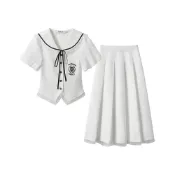 (店+)織物豬fabric pig 學院風白月光初戀裙子白色水手服日常百搭通勤舒適清純女小個子中長裙半身裙兩件套JK穿搭裙裝套裝 女款
