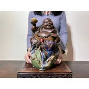 阿一藝品 早期廣東 石灣陶【舉財彌勒】福袋 元寶 荷包滿滿 名師手製 有落款 值得收藏 居家裝飾 石灣陶擺件 C98