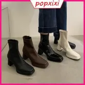 台灣現貨❤[POP XIXI]韓版東大門白色方頭切爾西靴女 素面軟皮短靴子 高跟增高時裝靴  中跟粗跟瘦瘦馬丁靴 法式側