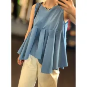 💙韓國不規則無袖背心上衣💙現貨 寬鬆 百褶 修飾 復古 顯瘦 休閒 甜美 襯衫 夏 渡假 百搭 質感 清新 日系 設計感