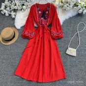 波西米亞沙灘洋裝 夏天洋裝 渡假洋裝 夏季女裝長款繡花燈籠袖風大擺長裙 七分文藝民族風G20