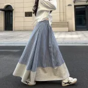 【臺灣出貨】日系復古條紋半身裙 女春夏高腰顯瘦長裙 垂感A字傘裙 洋裝 拼接格紋大裙擺 氣質通勤約會拍照百搭裙