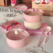 沐沐~ins風韓系陶瓷泡麵碗帶蓋 學生宿舍泡麵碗飯碗 雙耳湯碗螺螄粉碗 泡麵神器 凹凸紋泡麵碗可放微波爐