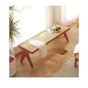 (店+)椅藤編長凳實木傢居換鞋凳復古設計師北歐傢用臥室床尾凳 實木藤編長凳 藤編長椅 原木長凳 北歐風長凳 日系木凳 換鞋椅