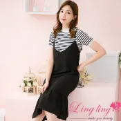 LINGLING 中大尺碼 A3821-02 女裝 都會穿搭V領細肩帶荷葉擺洋裝(顯瘦黑)