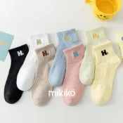 美木子｜糖果色短筒襪【OT405】H字母刺繡 坑條縮口襪 純色學生襪 襪子女