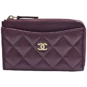 【CHANEL 香奈兒】經典金色雙C LOGO菱格粒紋牛皮L型拉鍊卡夾/零錢包(勃根地酒紅色AP3179C-BURGUNDY-GP)