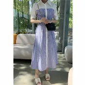 Anna S ANNAS 正韓 條紋 襯衫 洋裝 腰帶 拼色 短袖 連身裙 長洋 長裙 長洋裝 顯瘦 上班族 氣質 韓國