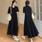 【肉肉消失術】【肉肉消失術】夏季polo領長款過膝T恤裙女大尺碼胖mm 150公斤寬鬆大擺裙短袖洋裝大尺碼洋裝連身裙大尺