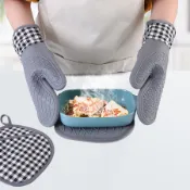 矽膠 棉布 防燙手套 加厚 烘焙手套 隔熱手套 格子造型 短款 微波爐 烤箱 防燙 止滑 手套