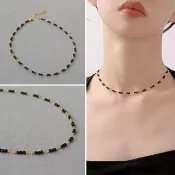 【LEESA】黑色串珠鍊\鎖骨鍊\細項鍊\K金項鍊\疊戴項鍊\哥德風\寶石項鍊\百搭飾品\小眾設計