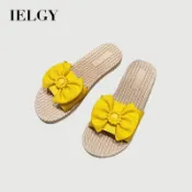 IELGY簡約氣質拖鞋女防滑蝴蝶結草繩格子家居