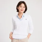 Polo Ralph Lauren RL 熱銷V領刺繡小馬麻花針織毛衣(女)-白色