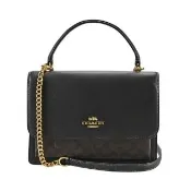 【COACH】C LOGO PVC拼接素面皮革內雙層鍊帶方型斜背包(黑檀木C/黑色)