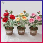 👍新品👍【成品】毛線編織鉤織DIY手工薔薇花 仿真花盆栽 桌面擺件 送禮禮物