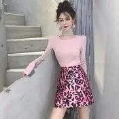套裝女新款韓版女裝圓領針織長袖T恤搭配桃紅豹紋包臀裙高腰A字短裙