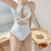 臺灣現貨超辣泳衣性感露胸美背連身式泳裝遮肚顯瘦海邊飯店渡假溫泉泡湯網美ig派召F52