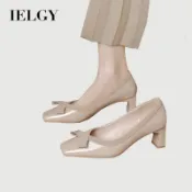 IELGY Nude 方頭粗跟蝴蝶結高跟鞋女配裙子鞋子
