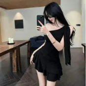 紀行 性感女裝夜店性感荷葉邊斜肩露背洋裝女2026夏季收腰短裙氣質顯瘦洋裝