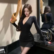 韓版聚會派對性感黑色洋裝女裝緊身露背蕾絲拼接V領長袖包臀緊身洋裝