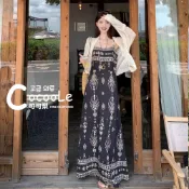 可可梨🇰🇷波西米亞黑色印花圖騰異國風情細肩帶洋裝+針織罩衫二件組 渡假風洋裝 文青穿搭 海邊穿搭 波西米亞洋裝 印花洋裝