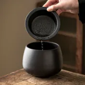 喜挖2店 黑陶茶渣缸陶瓷茶洗建水過濾帶蓋廢水缸孟大號桌面垃圾桶茶水分離