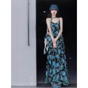 每日優選顯白藍色碎花！高級感度假洋裝細肩帶長裙 少女感可愛風 辣妹薄感 涼涼衣 出國渡假必備 氛圍感穿搭 7/18