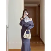 大碼胖妹妹設計感薄紗拚接針織連衣裙子女春季露肩氣質收腰魚尾裙