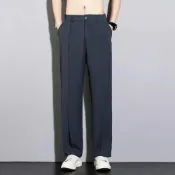 (店+)西裝褲男大尺碼冰絲打摺西褲夏天休閒運動長褲彈性直筒寬褲男生吸濕排汗涼感褲男士寬鬆工作褲子薄闊腿透氣長褲夏季冰涼褲子九分褲