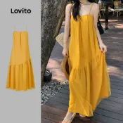 Lovito 波西米亞風 荷葉邊雙層露背春季/夏季黃色女裝洋裝 L198ED142