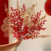 人造聖誕紅漿果新年裝飾植物冬青漿果假花錢樹花束幸運桶飾品