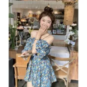 𝑨𝑮 - 𝒂𝒎𝒖𝒔𝒊𝒏𝒈 𝒈𝒊𝒓𝒍𓈒西西里漫花🪻甜美一字領泡泡袖碎花露肩褲裙洋裝 收腰洋裝 甜美裝 仙女裝 渡假洋裝