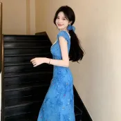 海灘裙🌊海邊洋裝 海島洋裝 渡假風洋裝 沙灘裝 露背連衣裙 法式洋裝 氣質感藍色連衣裙夏季精緻絕美蕾絲拼接海邊度假風茶