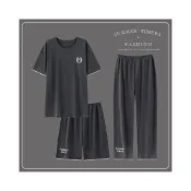 (店+)男士睡衣春夏季三件套短袖長褲莫代爾寬鬆大碼青年家居服套裝秋