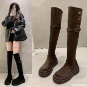 💢限時免運💢兩穿翻折厚底長筒靴子 女英倫風 新款粗跟過膝騎士靴 超顯瘦過膝靴反折麂皮絨長靴 膝上靴 厚底增高靴 修飾腿型