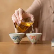 喜挖2店 草木灰手繪荷花斗笠主人杯 禪意復古家用陶瓷單杯情侶對杯