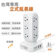 現貨  超扁頭扁線 台灣智能塔式延長線插座 立式插座 USB/Type-c快充 3米 過載保護 防雷擊延長線 旅行便攜插