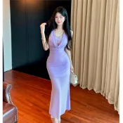 魚尾洋裝 緊身魚尾裙 包臀魚尾連身裙 擺尾洋裝 修身貼身 夏純欲風低胸垂折領網紗洋裝女收腰顯瘦氣質修身包臀魚尾長裙