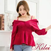 【Kilei】女裝 女生衣著 肩帶襯衫領露肩反折袖口上衣XA3918(亮眼紅)全尺碼