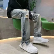 新款韓版修身破洞水洗牛仔褲 個性下擺拉鏈破褲 牛仔破褲 潮男修身小腳褲 牛仔長褲 長褲男(TC718）【壹號站】