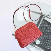 【Michael Kors】JET SET TRAVEL 滿版MK印花交叉車線斜背鍊包貝殼包(紅)