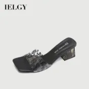 IELGY 方頭平頭方頭高跟鞋女粗跟透明拖鞋