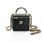 【BreezeOnline 微風精品線上】CHANEL Small Vanity with Chain 經典菱格提把刻印字母皮穿鏈迷你小方盒/化妝包/鏈帶包 (黑/金)